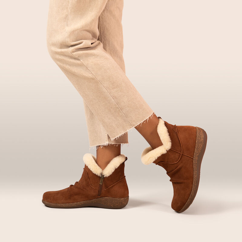 cognac faux fur collared boot on foot